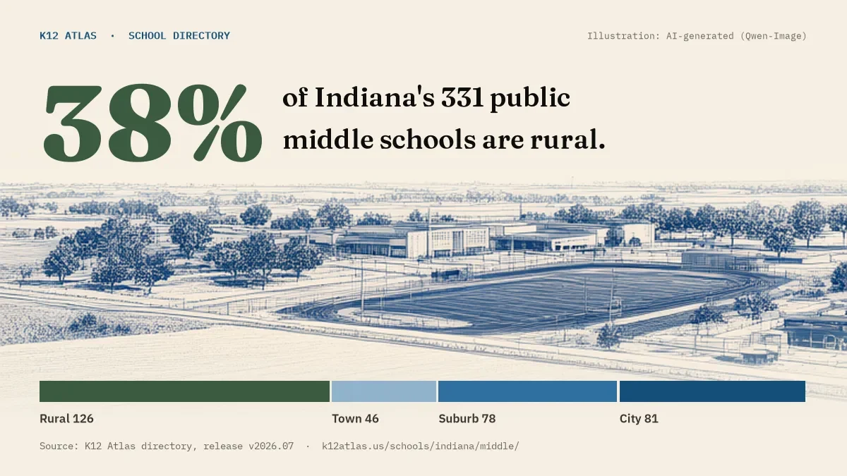 38% of Indiana's 331 public middle schools are rural (rural 126, town 46, suburb 78, city 81).