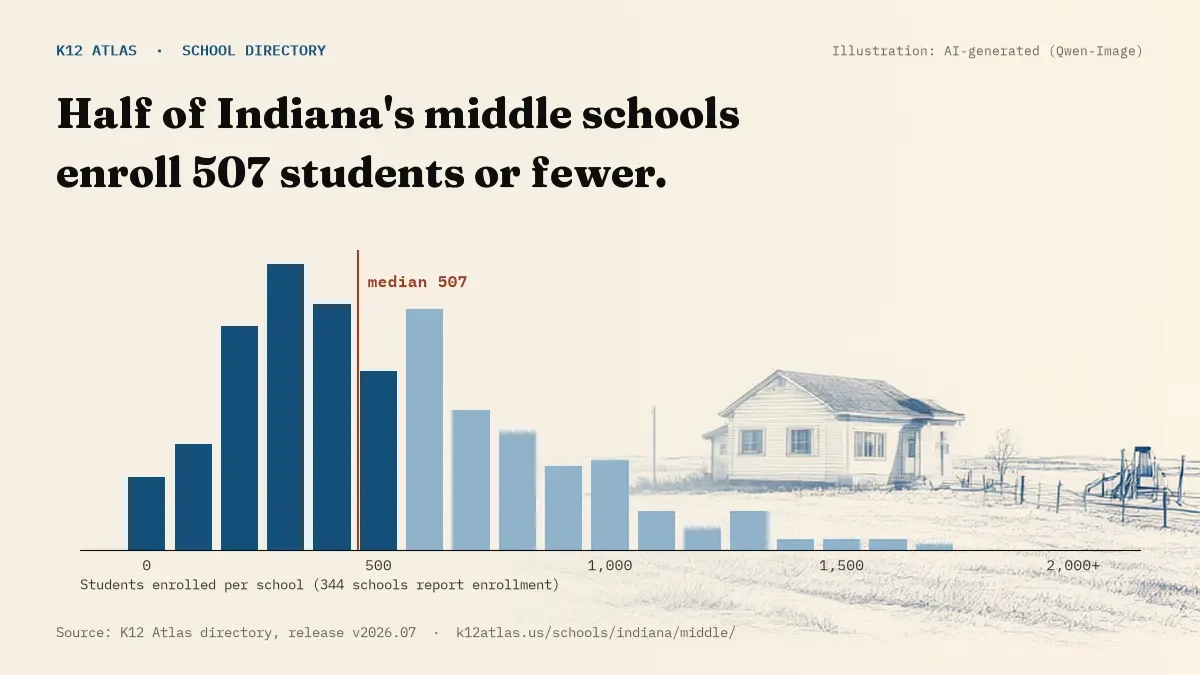 Histogram of enrollment: half of Indiana's middle schools enroll 507 students or fewer (344 schools report enrollment).