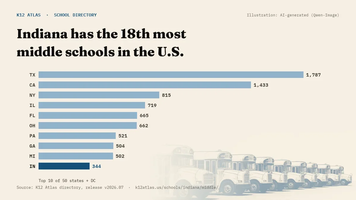 Bar chart of the states with the most middle schools: Indiana has the 18th most of the 50 states and DC, with 344.