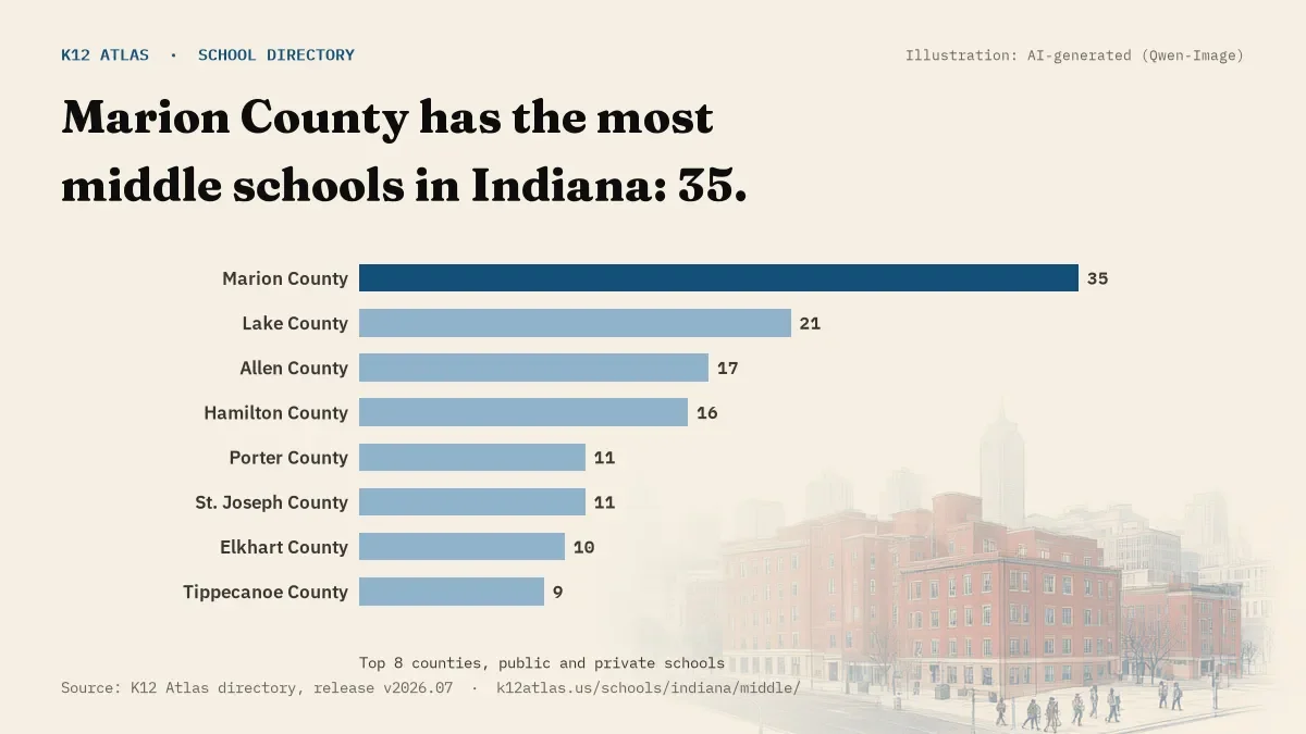 Bar chart of Indiana counties by number of middle schools: Marion County has the most, 35.