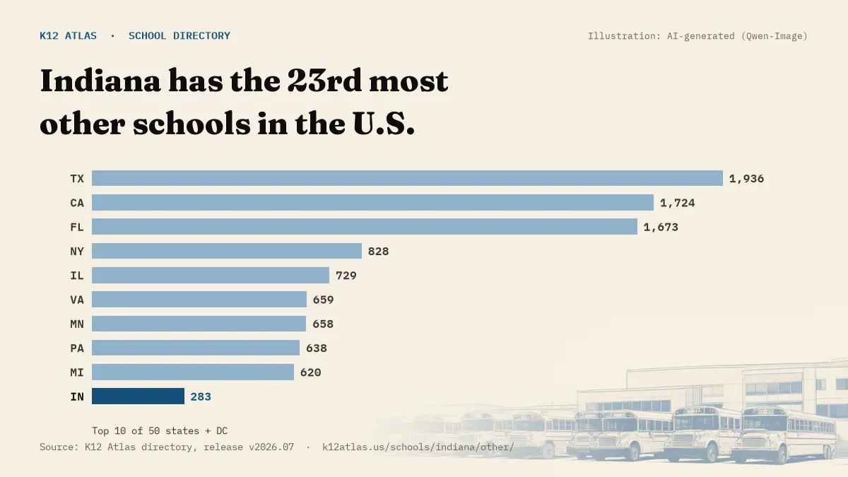 Bar chart of the states with the most other schools: Indiana has the 23rd most of the 50 states and DC, with 283.