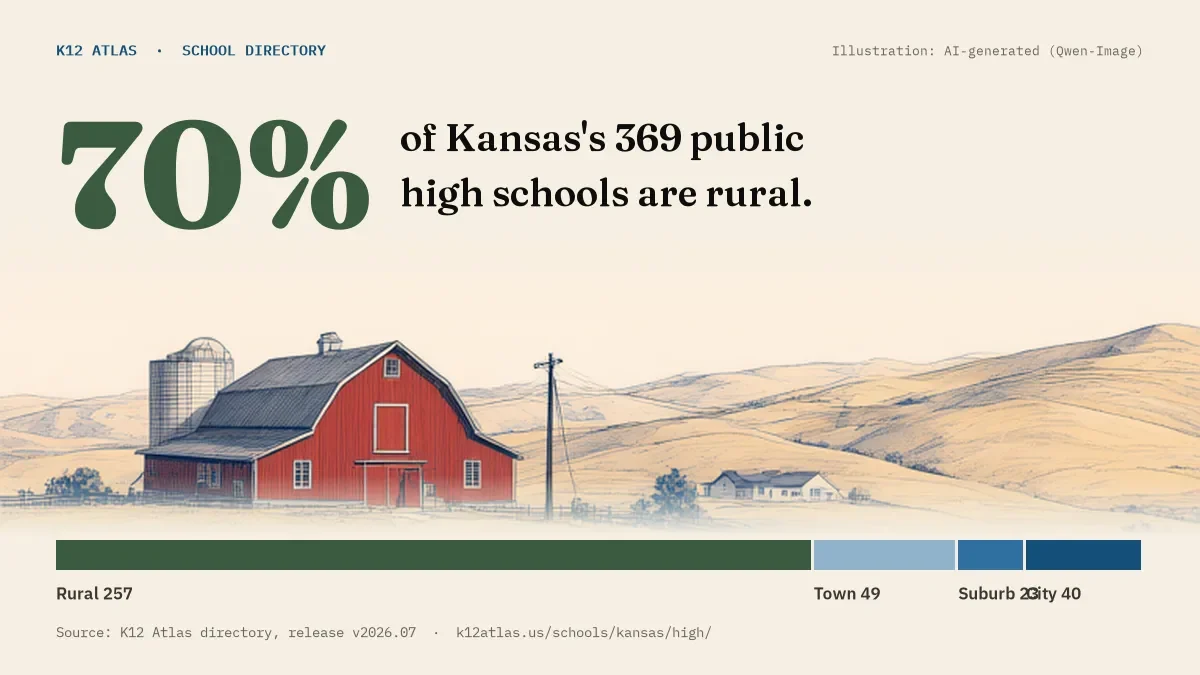 70% of Kansas's 369 public high schools are rural (rural 257, town 49, suburb 23, city 40).