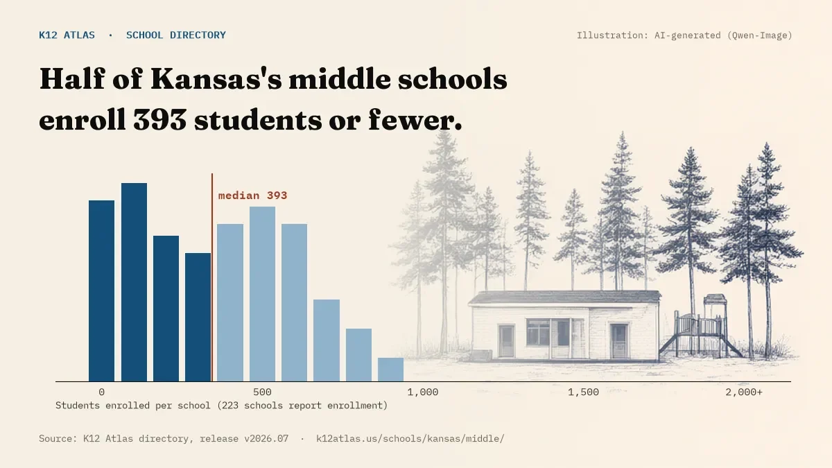 Histogram of enrollment: half of Kansas's middle schools enroll 393 students or fewer (223 schools report enrollment).