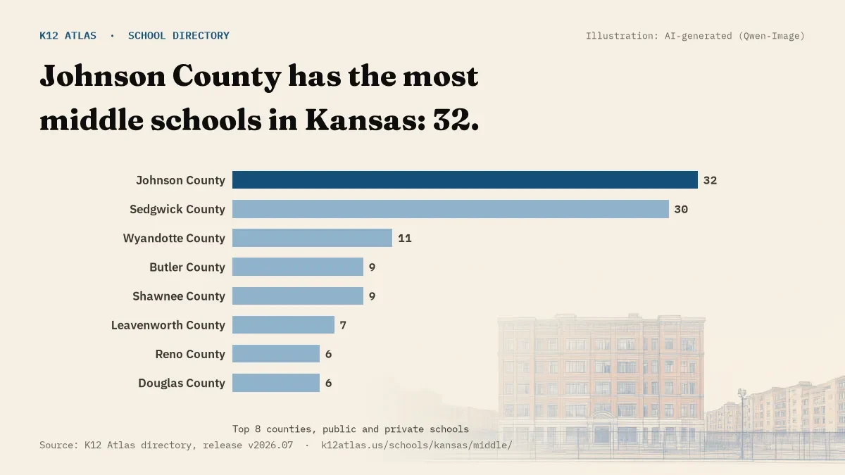 Bar chart of Kansas counties by number of middle schools: Johnson County has the most, 32.