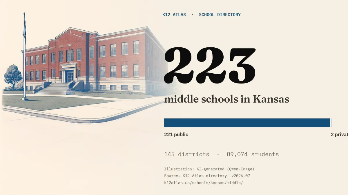223 middle schools in Kansas: 221 public and 2 private, across 145 districts with 89,074 students.