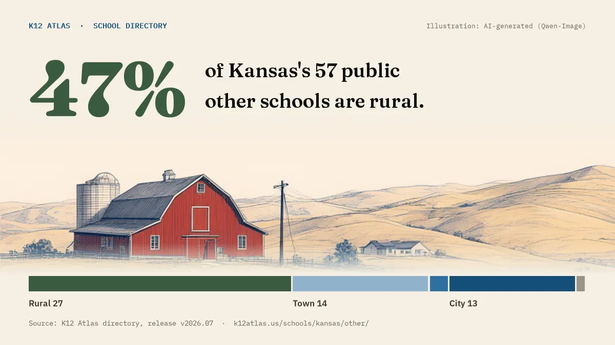 47% of Kansas's 57 public other schools are rural (rural 27, town 14, suburb 2, city 13).