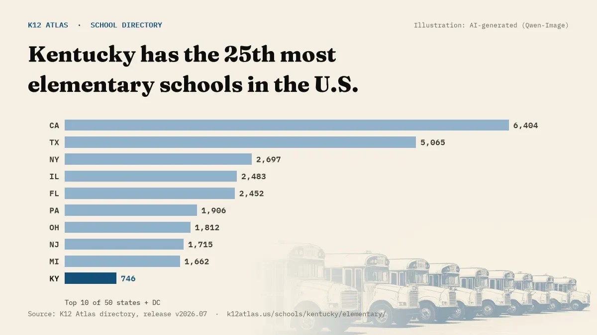 Bar chart of the states with the most elementary schools: Kentucky has the 25th most of the 50 states and DC, with 746.