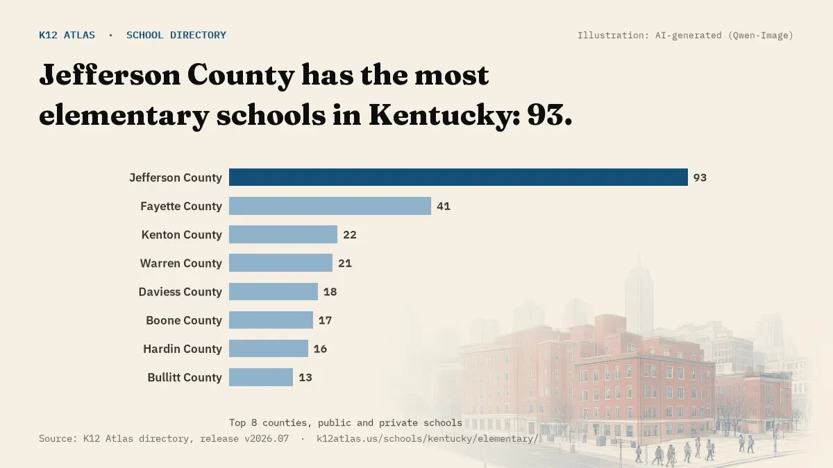 Bar chart of Kentucky counties by number of elementary schools: Jefferson County has the most, 93.