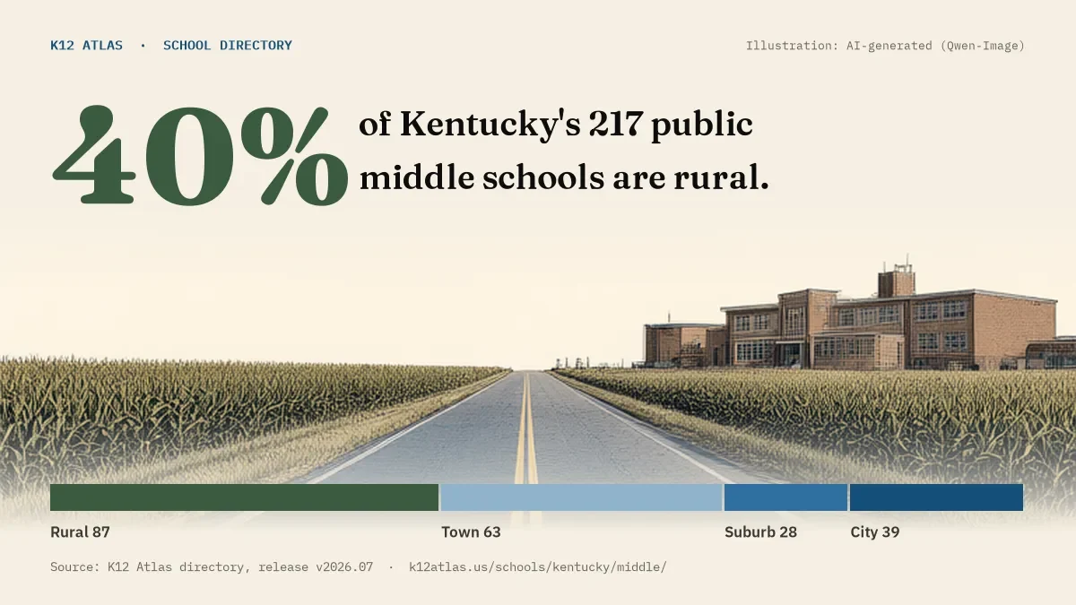 40% of Kentucky's 217 public middle schools are rural (rural 87, town 63, suburb 28, city 39).