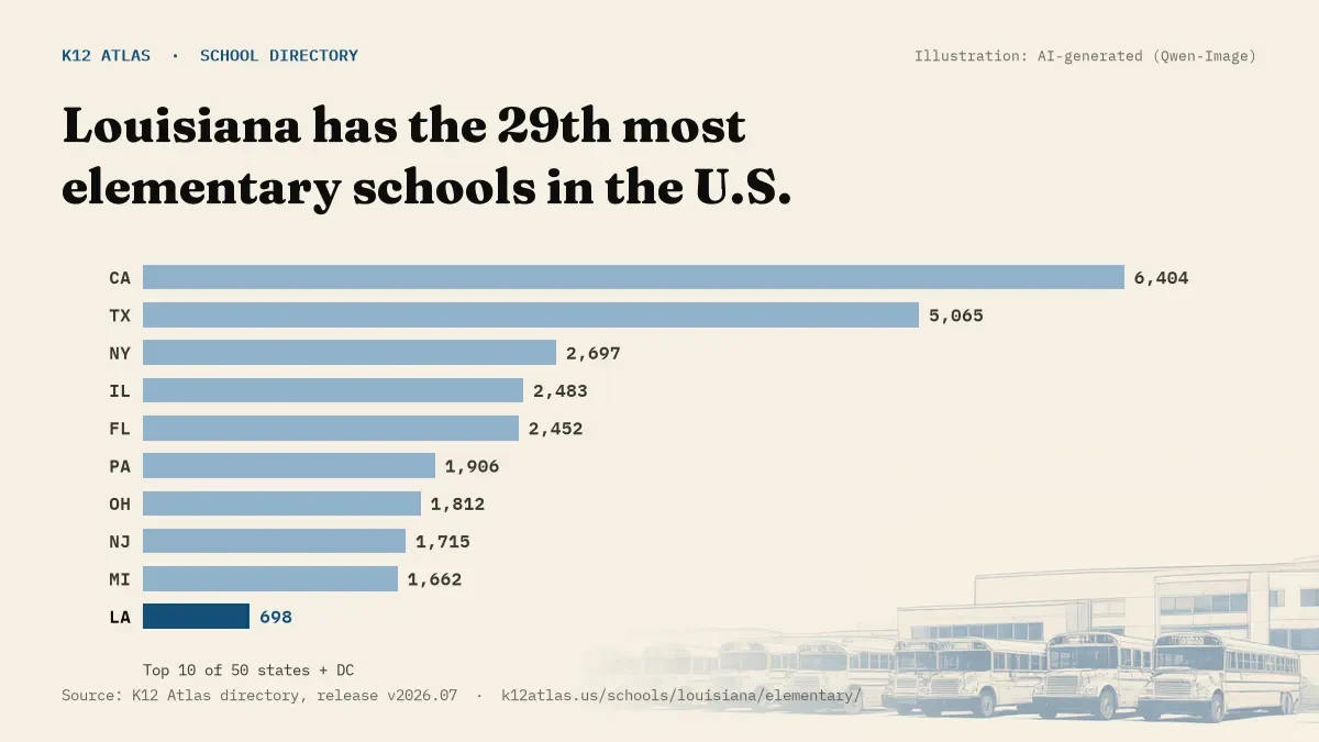 Bar chart of the states with the most elementary schools: Louisiana has the 29th most of the 50 states and DC, with 698.