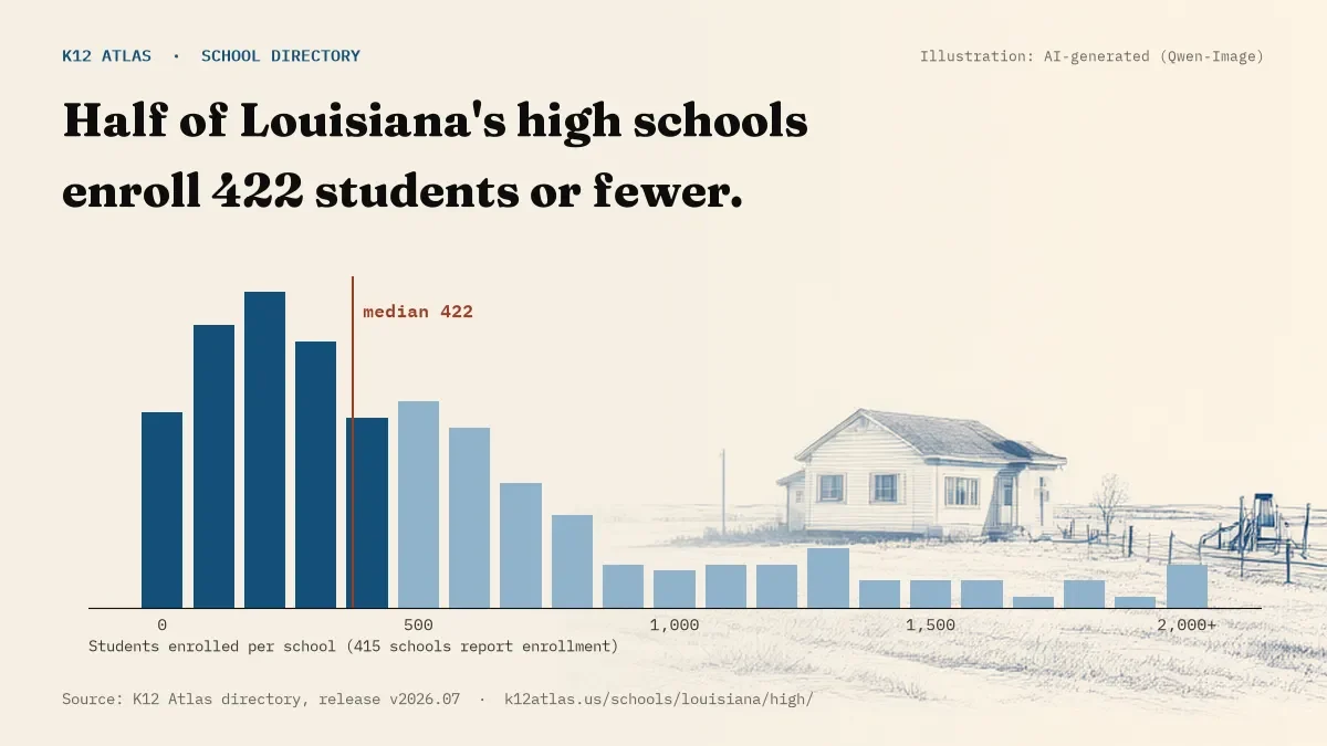 Histogram of enrollment: half of Louisiana's high schools enroll 422 students or fewer (415 schools report enrollment).
