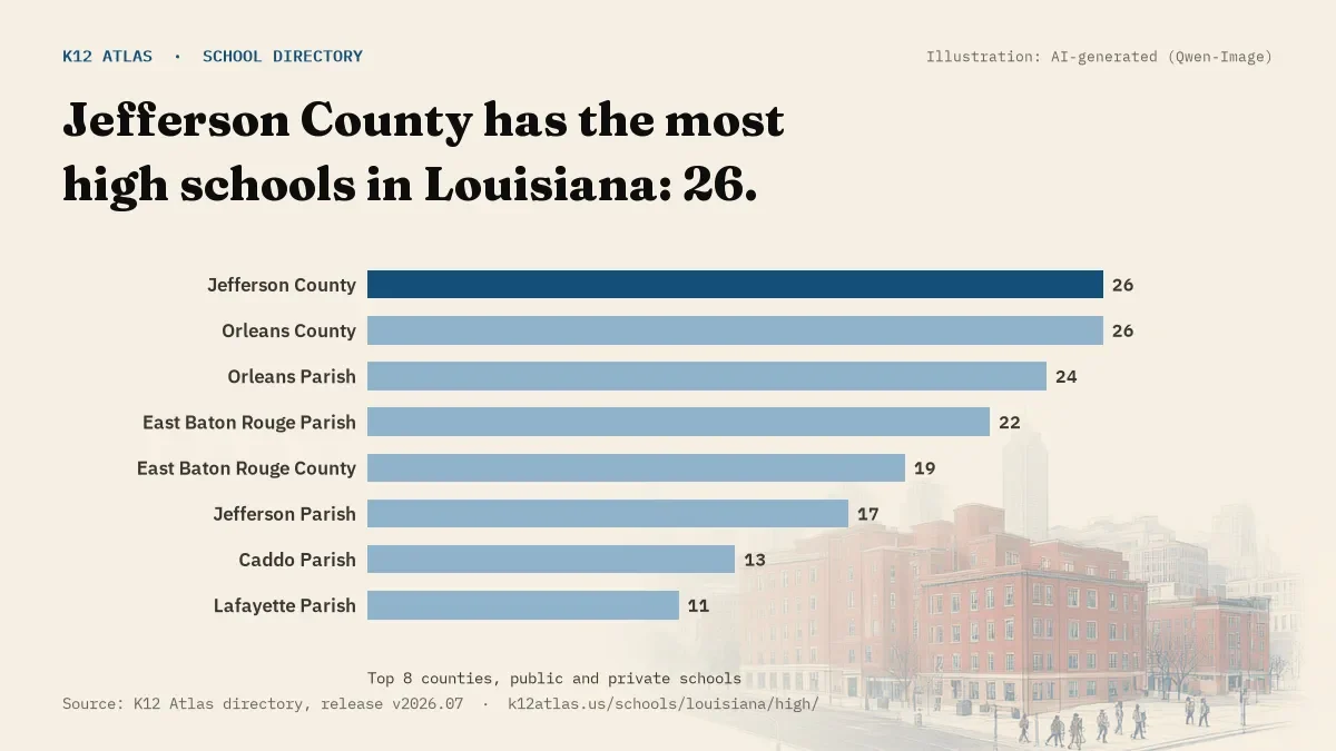 Bar chart of Louisiana counties by number of high schools: Jefferson County has the most, 26.