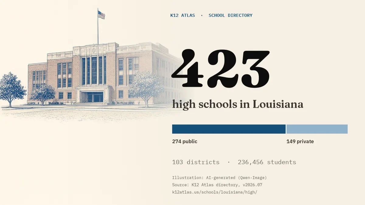 423 high schools in Louisiana: 274 public and 149 private, across 103 districts with 236,456 students.