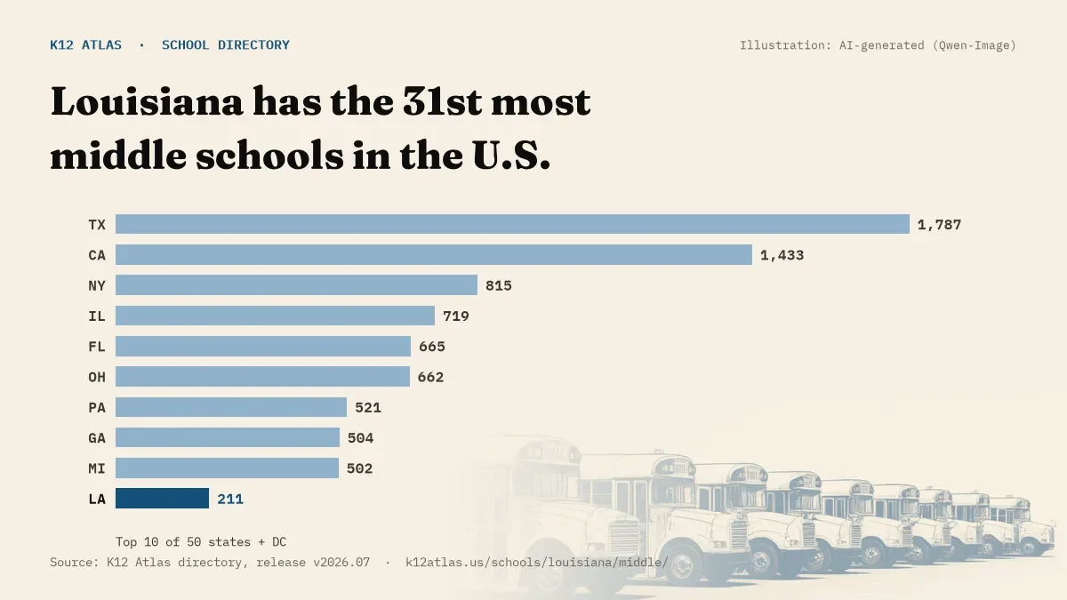 Bar chart of the states with the most middle schools: Louisiana has the 31st most of the 50 states and DC, with 211.