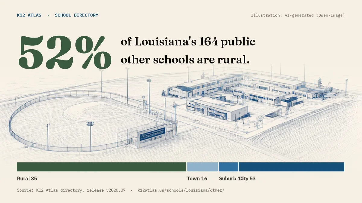 52% of Louisiana's 164 public other schools are rural (rural 85, town 16, suburb 10, city 53).