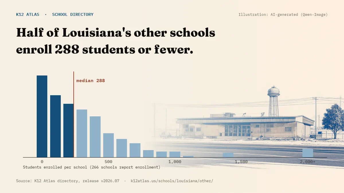 Histogram of enrollment: half of Louisiana's other schools enroll 288 students or fewer (266 schools report enrollment).