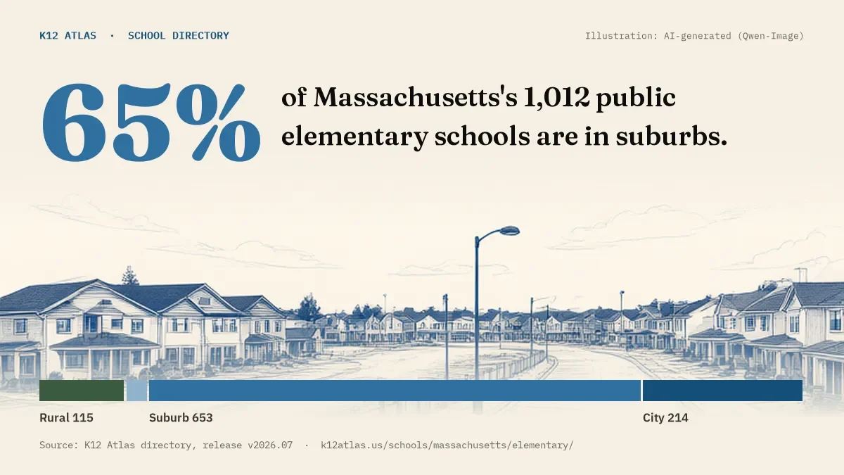 65% of Massachusetts's 1,012 public elementary schools are in suburbs (rural 115, town 30, suburb 653, city 214).