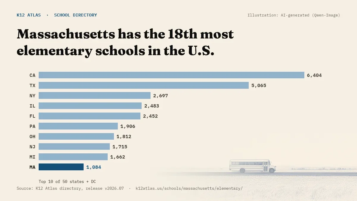Bar chart of the states with the most elementary schools: Massachusetts has the 18th most of the 50 states and DC, with 1,084.