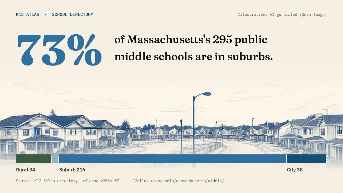 73% of Massachusetts's 295 public middle schools are in suburbs (rural 34, town 7, suburb 216, city 38).