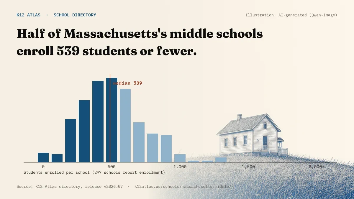 Histogram of enrollment: half of Massachusetts's middle schools enroll 539 students or fewer (297 schools report enrollment).