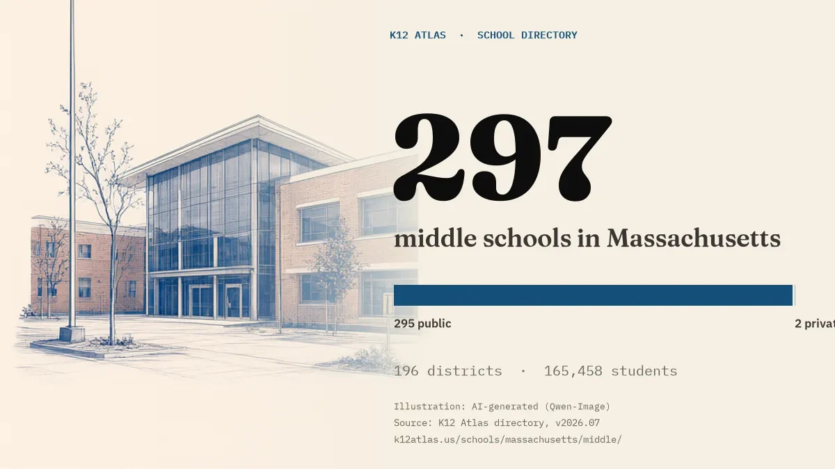 297 middle schools in Massachusetts: 295 public and 2 private, across 196 districts with 165,458 students.