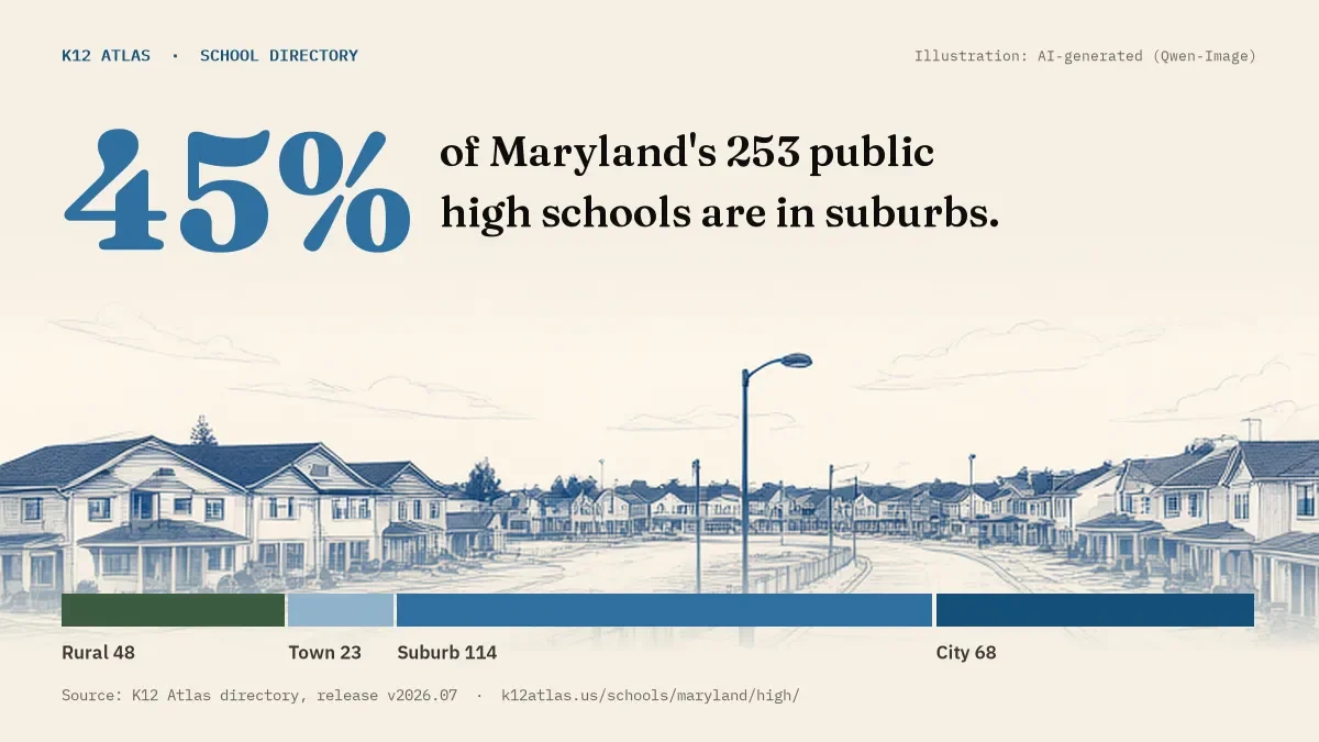 45% of Maryland's 253 public high schools are in suburbs (rural 48, town 23, suburb 114, city 68).