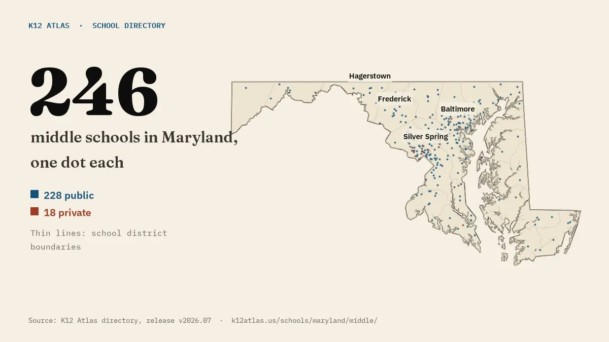 Map of Maryland with one dot for each of its 246 mapped middle schools, over school district boundaries.