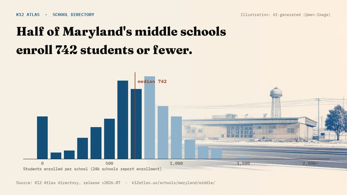 Histogram of enrollment: half of Maryland's middle schools enroll 742 students or fewer (246 schools report enrollment).