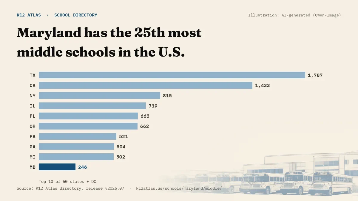 Bar chart of the states with the most middle schools: Maryland has the 25th most of the 50 states and DC, with 246.