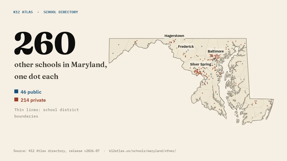 Map of Maryland with one dot for each of its 260 mapped other schools, over school district boundaries.