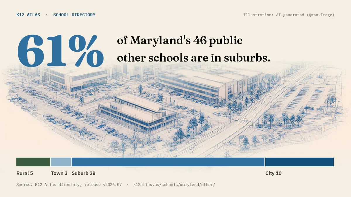 61% of Maryland's 46 public other schools are in suburbs (rural 5, town 3, suburb 28, city 10).
