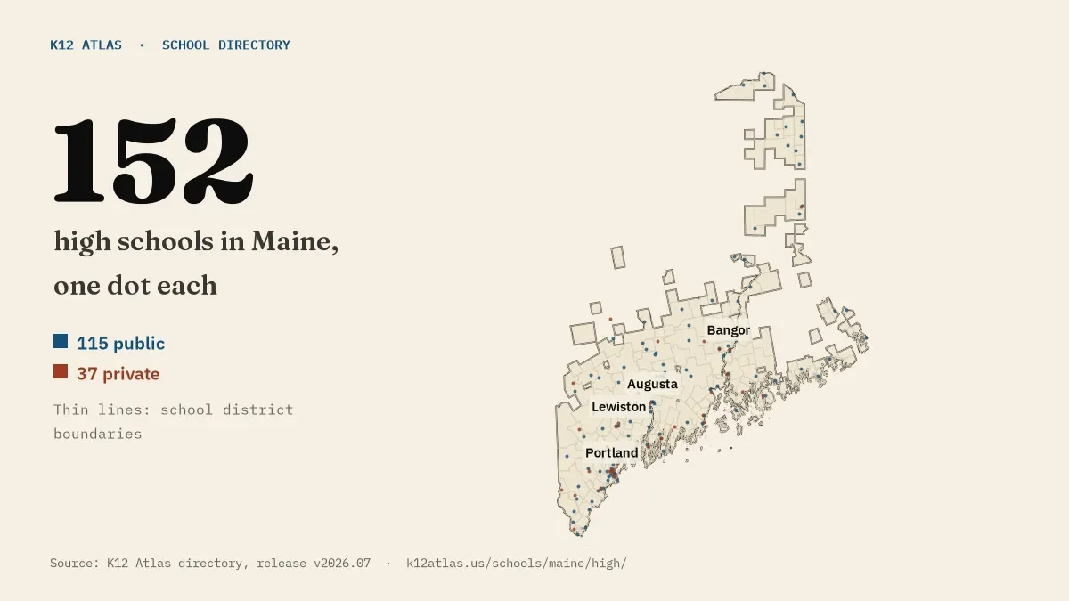 Map of Maine with one dot for each of its 152 mapped high schools, over school district boundaries.