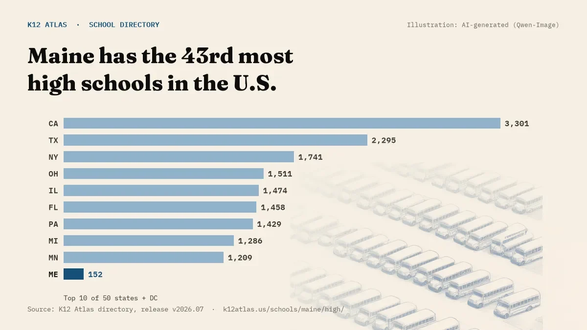 Bar chart of the states with the most high schools: Maine has the 43rd most of the 50 states and DC, with 152.