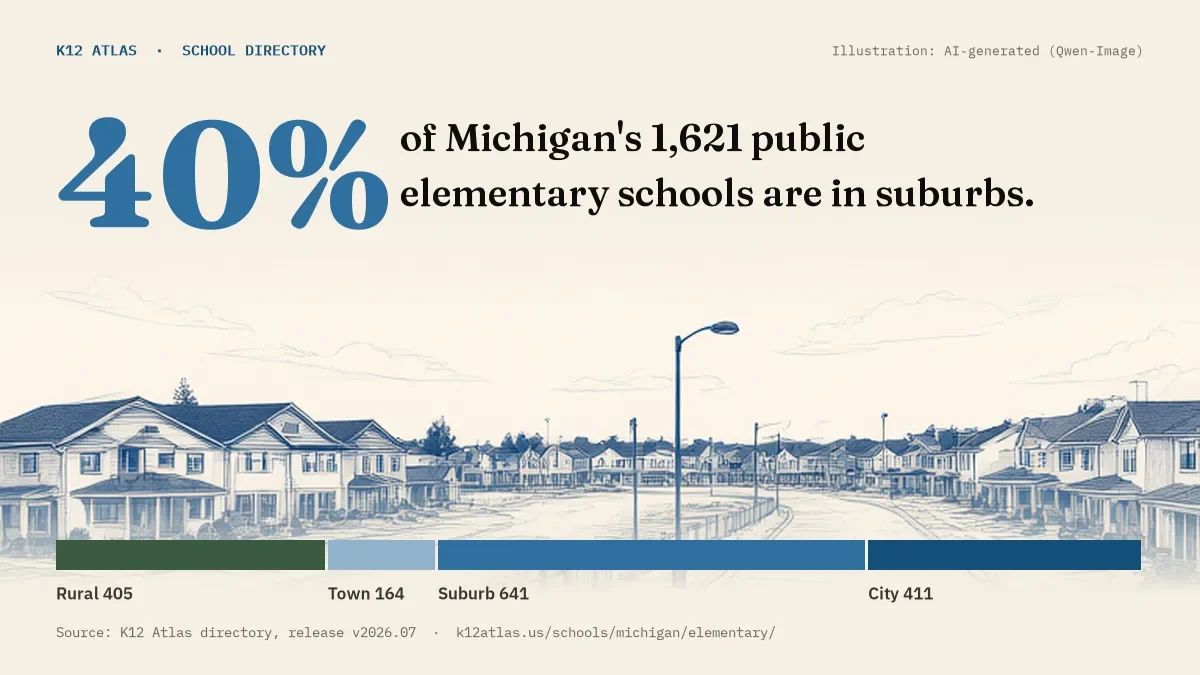 40% of Michigan's 1,621 public elementary schools are in suburbs (rural 405, town 164, suburb 641, city 411).