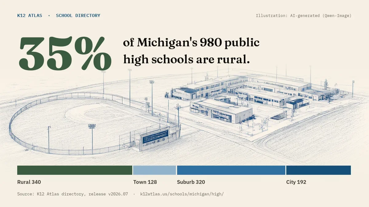 35% of Michigan's 980 public high schools are rural (rural 340, town 128, suburb 320, city 192).
