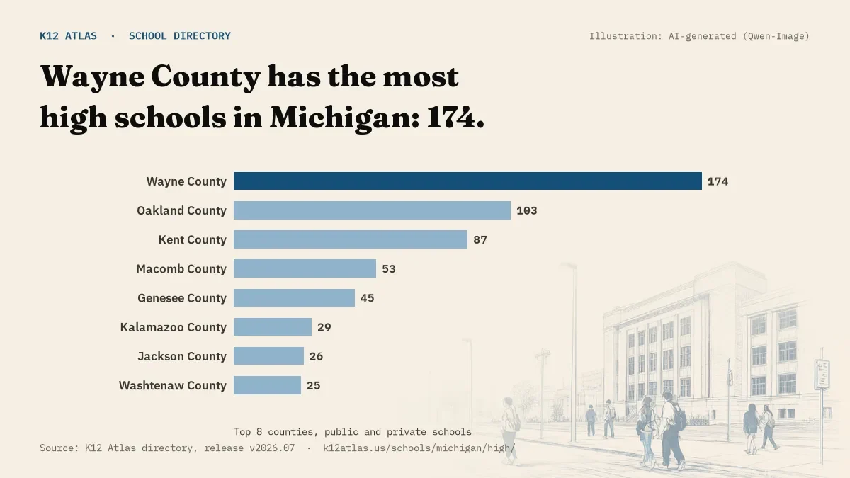 Bar chart of Michigan counties by number of high schools: Wayne County has the most, 174.