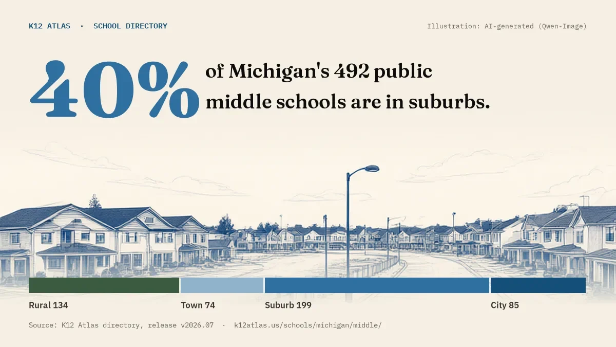 40% of Michigan's 492 public middle schools are in suburbs (rural 134, town 74, suburb 199, city 85).