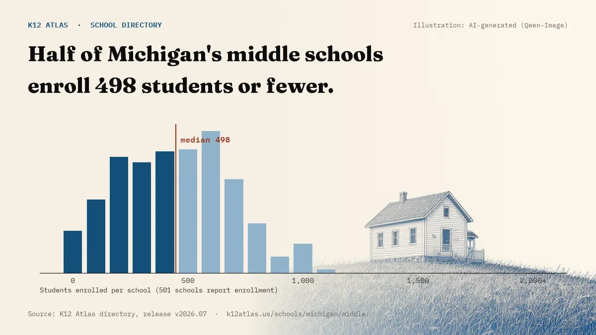 Histogram of enrollment: half of Michigan's middle schools enroll 498 students or fewer (501 schools report enrollment).