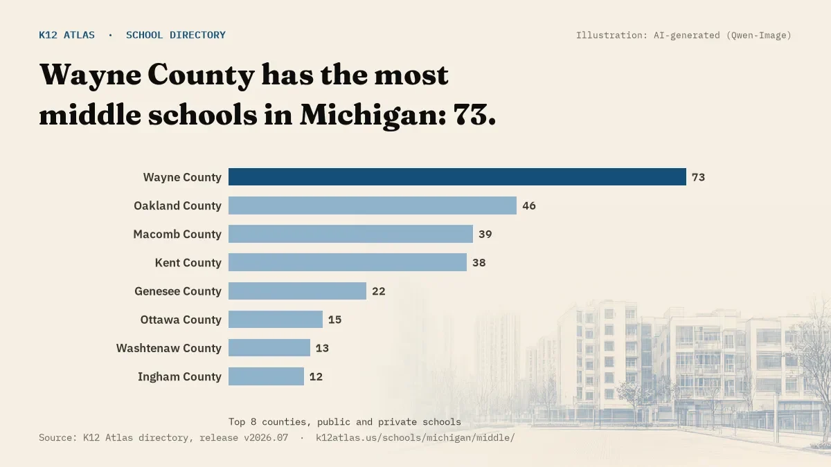Bar chart of Michigan counties by number of middle schools: Wayne County has the most, 73.