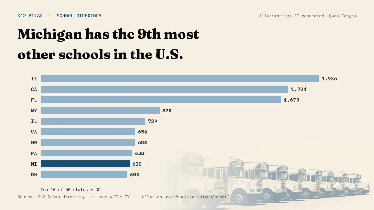Bar chart of the states with the most other schools: Michigan has the 9th most of the 50 states and DC, with 620.