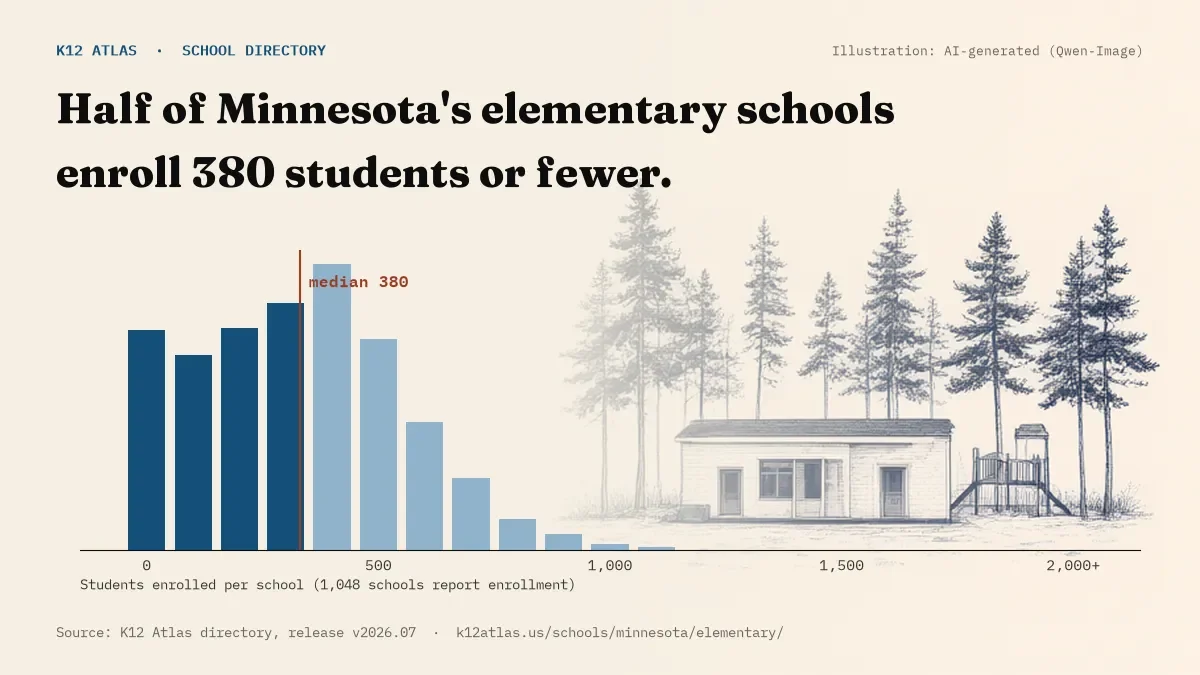 Histogram of enrollment: half of Minnesota's elementary schools enroll 380 students or fewer (1,048 schools report enrollment).