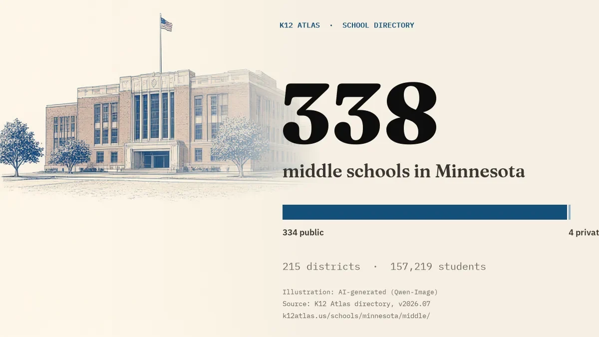 338 middle schools in Minnesota: 334 public and 4 private, across 215 districts with 157,219 students.
