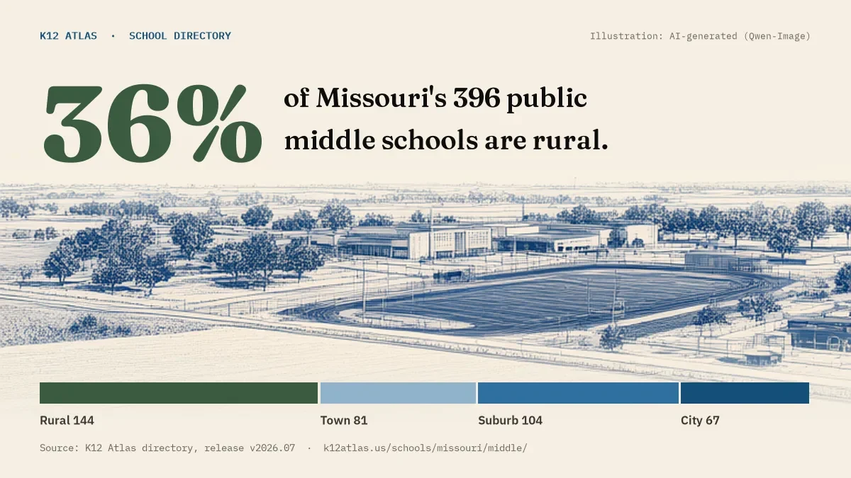 36% of Missouri's 396 public middle schools are rural (rural 144, town 81, suburb 104, city 67).