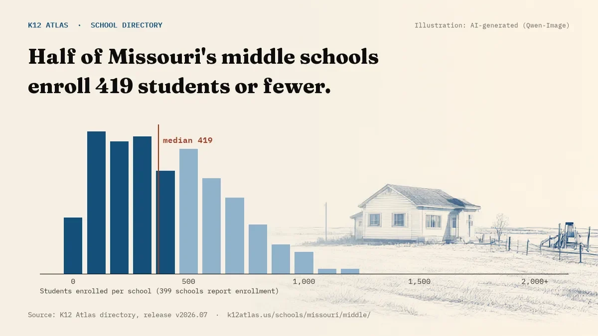 Histogram of enrollment: half of Missouri's middle schools enroll 419 students or fewer (399 schools report enrollment).