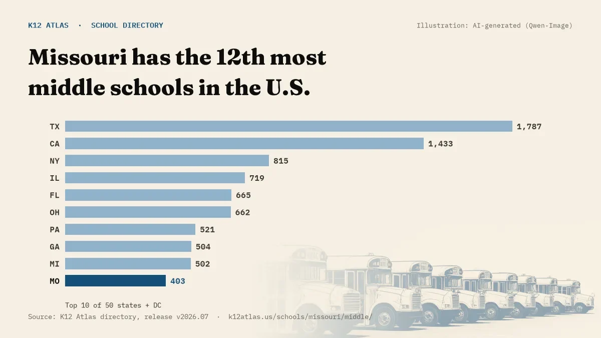 Bar chart of the states with the most middle schools: Missouri has the 12th most of the 50 states and DC, with 403.