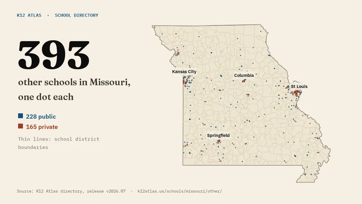 Map of Missouri with one dot for each of its 393 mapped other schools, over school district boundaries.