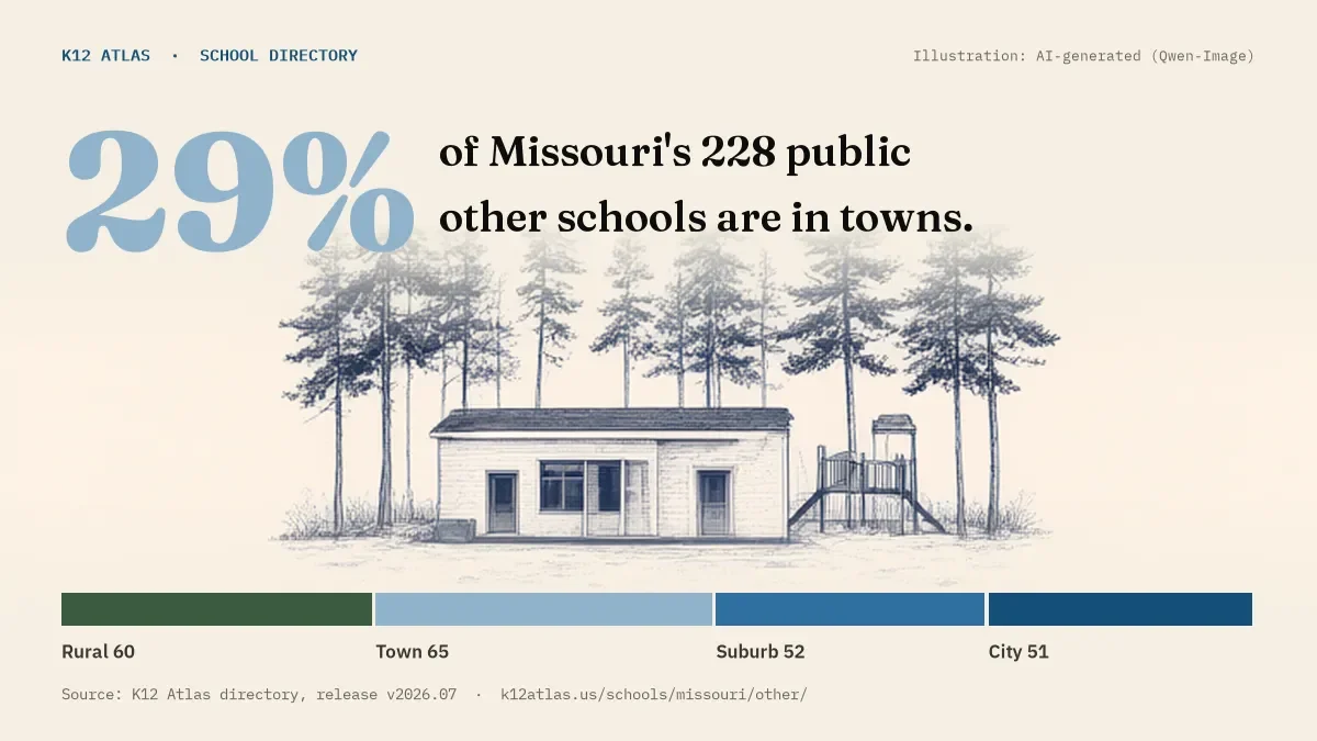 29% of Missouri's 228 public other schools are in towns (rural 60, town 65, suburb 52, city 51).