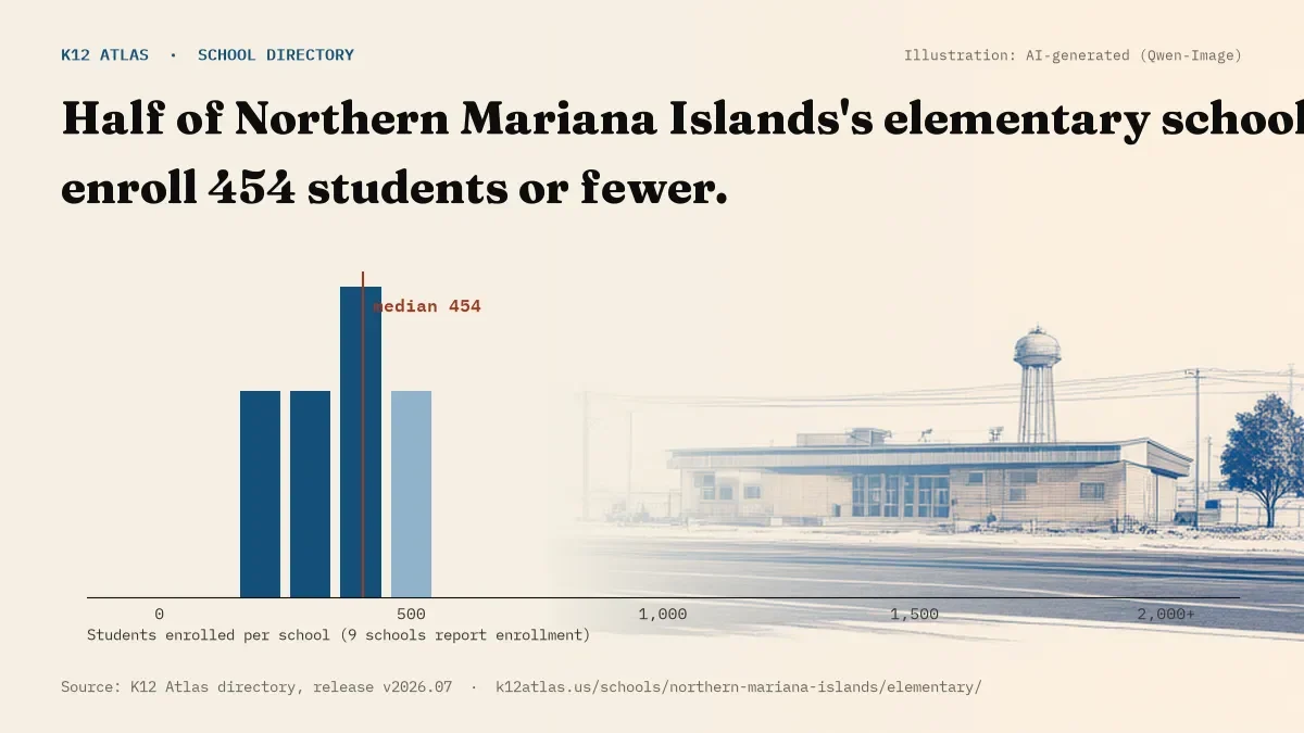 Histogram of enrollment: half of Northern Mariana Islands's elementary schools enroll 454 students or fewer (9 schools report enrollment).