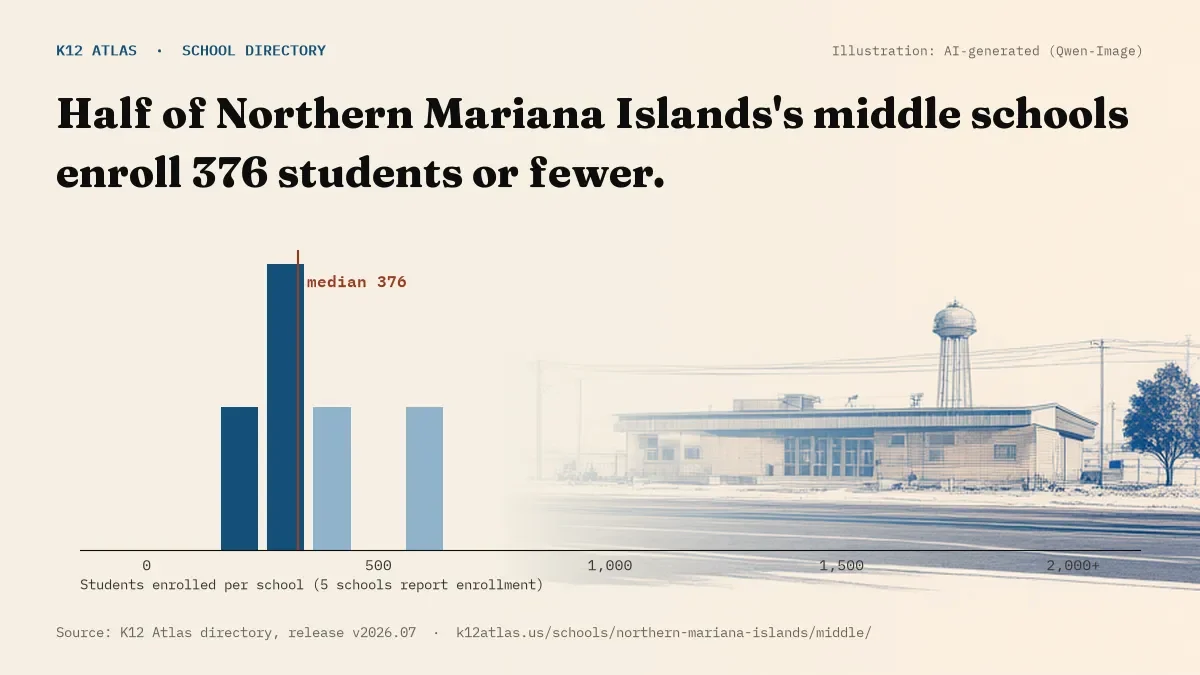 Histogram of enrollment: half of Northern Mariana Islands's middle schools enroll 376 students or fewer (5 schools report enrollment).