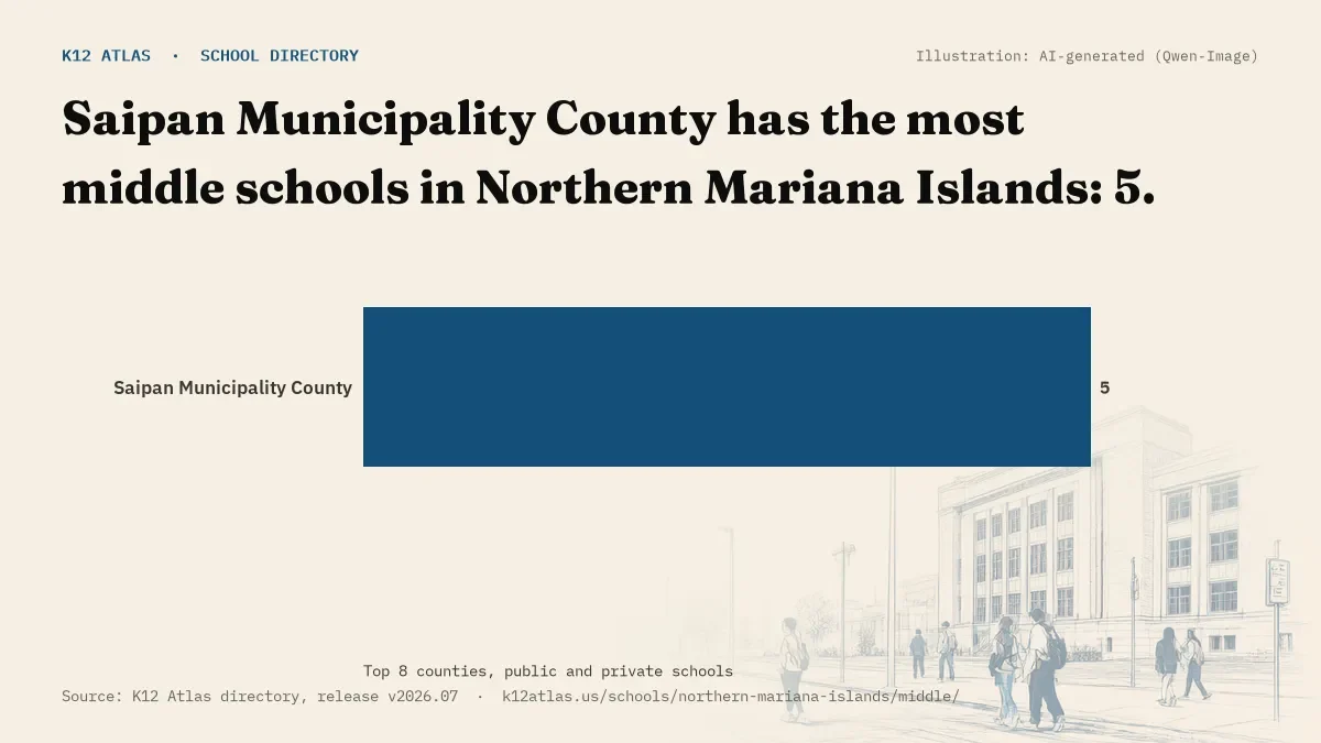Bar chart of Northern Mariana Islands counties by number of middle schools: Saipan Municipality County has the most, 5.